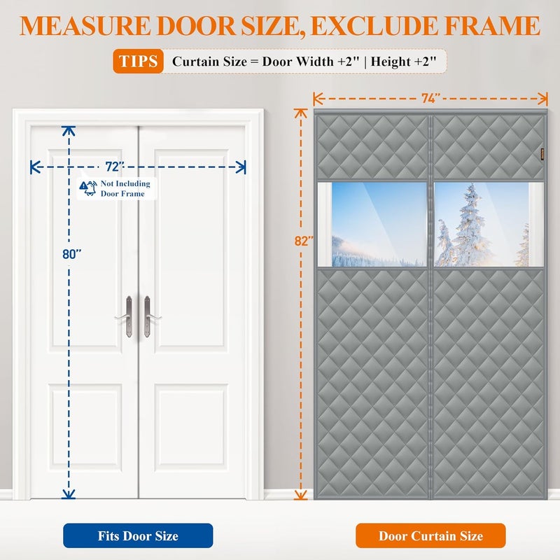 MAGZO Sliding Glass Door Insulation Curtain for Winter with Perspective Window, 72'' x 80'', Made of Oxford&Cotton, Patio Door Insulation Kit Cover Blanket for French Attic Doors, Strong Magnets, Grey - Image 2